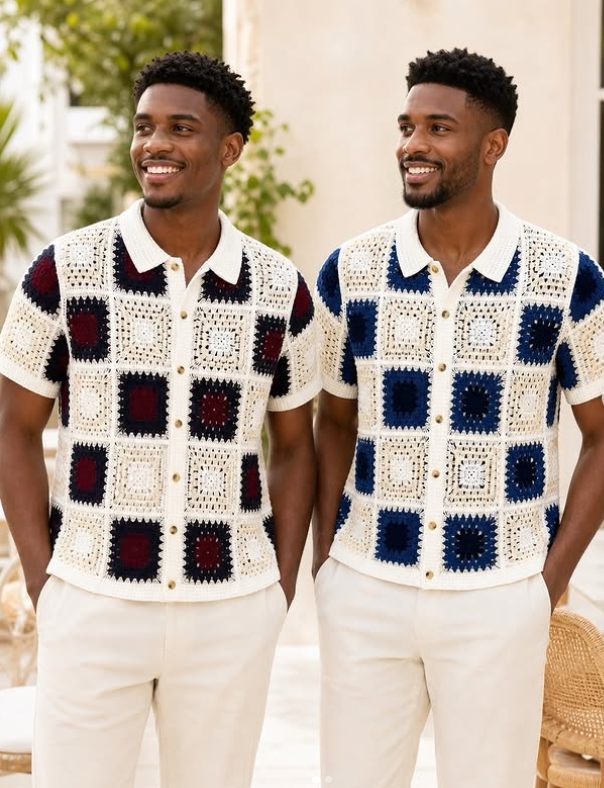 Two men wearing DStyleHub crochet shirts on a sunlit terrace